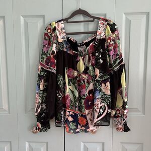 ANTHROPOLOGIE Lil Sire Puff Sleeve Blouse Smocked Mixed Print Top Black Multi M